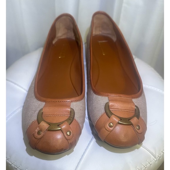 Lauren Ralph Lauren Shoes - Lauren Ralph Lauren Ballet Flats Tan Canvas Leather Buckle Women's Size 9B